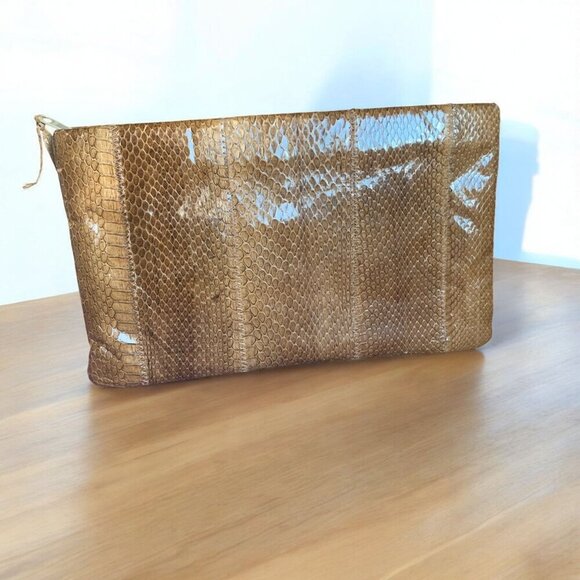 Vintage 1970s Clemente Genuine Python Clutch • Tan Exotic Snakeskin • Disco Era - Picture 9 of 11